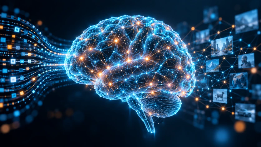 Cerebro digital conectado por nodos luminosos que representa el funcionamiento de las redes neuronales y su capacidad para procesar datos complejos en sistemas de inteligencia artificial.