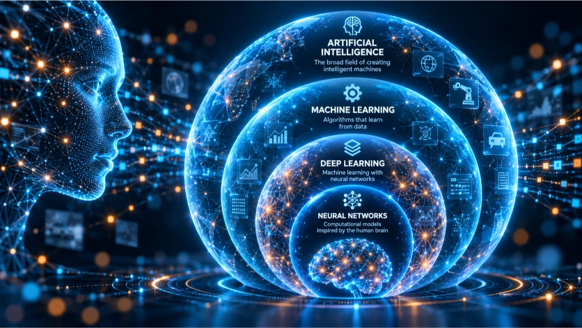 Infografía que muestra la relación jerárquica entre inteligencia artificial, Machine Learning, Deep Learning y redes neuronales, destacando cómo cada tecnología forma parte de un campo más amplio.