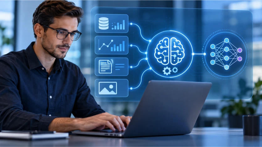 Profesional trabajando con un sistema de Machine Learning que integra bases de datos, gráficos, documentos e imágenes para entrenar modelos inteligentes mediante diferentes fuentes de información.