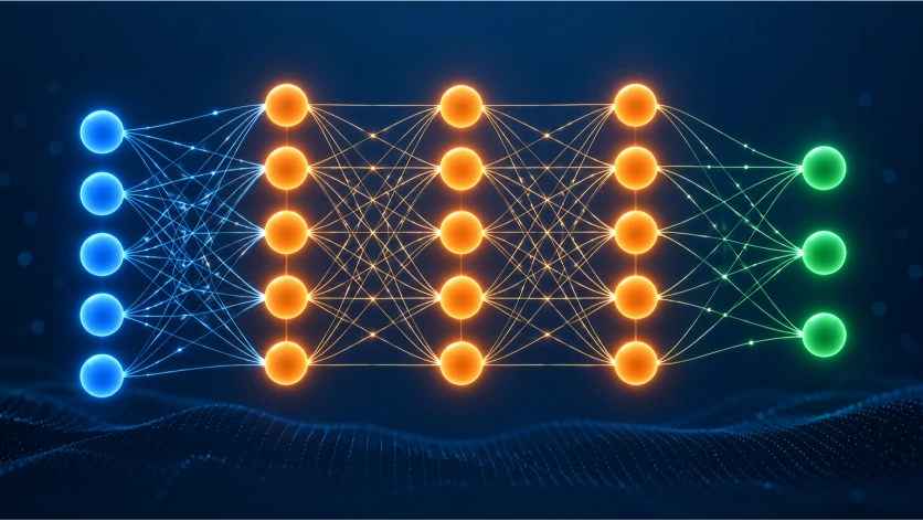 Representación visual de una red neuronal formada por capas de entrada, capas ocultas y capas de salida conectadas entre sí mediante múltiples enlaces matemáticos.