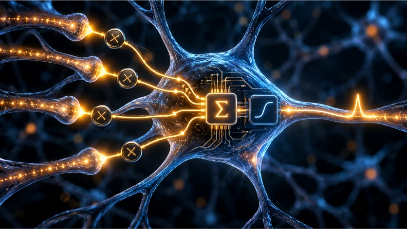 Neurona digital procesando diferentes señales de entrada mediante pesos, sumas y funciones de activación para generar una respuesta dentro de una red neuronal artificial.