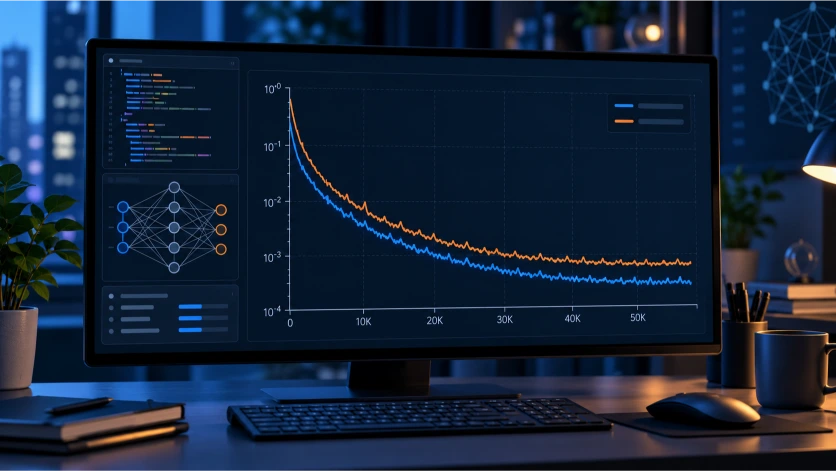 Pantalla con curvas de pérdida durante el entrenamiento de un modelo de Machine Learning, mostrando cómo disminuye progresivamente el error a medida que aumenta el número de iteraciones.