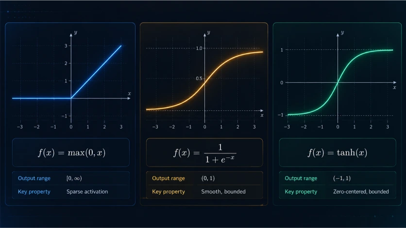 Comparación visual de las funciones ReLU, sigmoid y tanh, utilizadas en redes neuronales para introducir no linealidad y permitir que los modelos aprendan relaciones complejas.