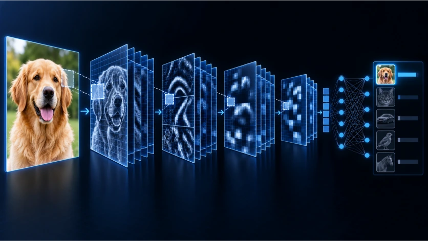 Proceso de análisis de una imagen mediante una red neuronal convolucional que extrae características progresivamente hasta clasificar correctamente el objeto representado en la fotografía.