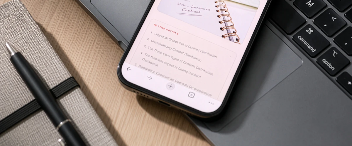 Teléfono sobre teclado y cuaderno utilizados para preparar contenido digital