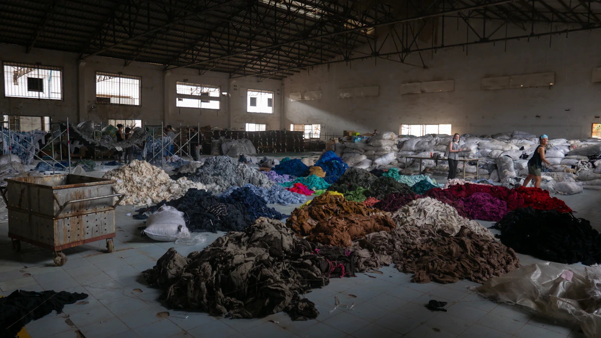 Trabajadores clasifican montones de ropa usada para reciclaje textil en una nave industrial