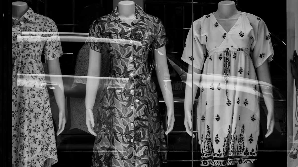 Tres maniquíes con vestidos junto al escaparate de una boutique