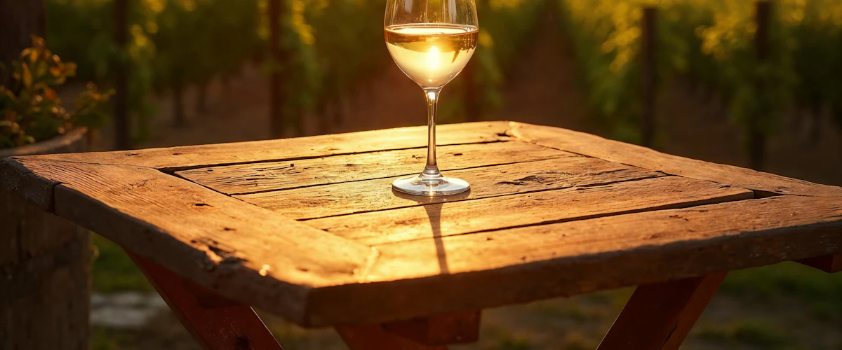 Una copa de vino frente a los viñedos de una finca rural