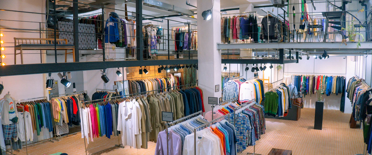 Zona de venta con prendas agrupadas en percheros de boutique